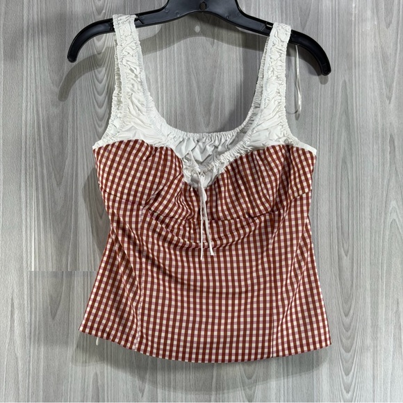 Zara Tops - ZARA Gingham Corset Milk Maid Tank Top Rust White Ruched Tie Women’s Size XL
